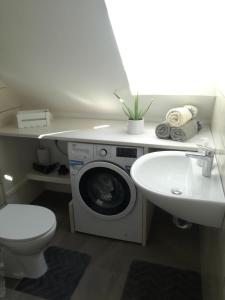 a bathroom with a washing machine and a sink at Apartment Kokoro in Bogojina