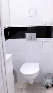 a white bathroom with a toilet and a sink at Zielona Przystań in Łódź