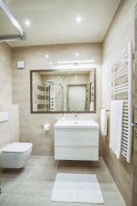 een badkamer met een wastafel, een toilet en een spiegel bij Premium Apartman in Makó