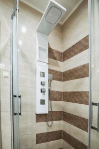 een douche met een glazen deur in de badkamer bij Premium Apartman in Makó