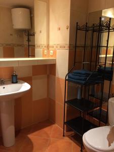 łazienka z umywalką, toaletą i półką w obiekcie Apartamenty nad Stonehenge w mieście Dąbrowa Górnicza