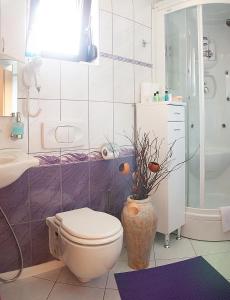 a bathroom with a toilet and a vase with a plant at Hana Superior Apartments in Bihać