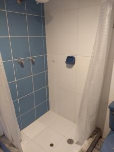 uma casa de banho com um chuveiro com azulejos azuis em Cusco`s Flat 2 em Cusco