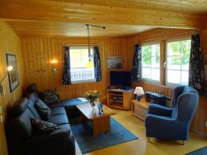 a living room with a couch and a tv at Villa Blau am Useriner See mit Garten in Userin