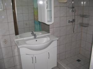 a bathroom with a white sink and a shower at Bungalow Perun in Blejska Dobrava