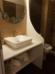 a bathroom with a sink and a mirror and a toilet at Katerina Apartments & Studios in Naousa