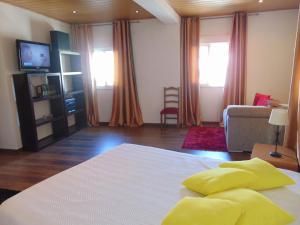 a living room with a bed and a couch and a television at Casa Do Prado in Macedo de Cavaleiros