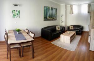 a living room with a black couch and a table at Gardenia Apartman in Esztergom