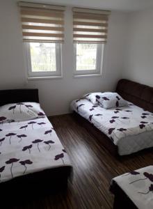 a bedroom with two beds and two windows at Nadia's home in Ilidza