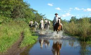 Eine Gruppe von Menschen reitet auf Pferden durch einen Fluss in der Unterkunft Pousada Fazenda do Engenho in Serra do Cipo
