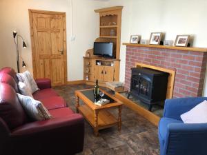 a living room with a couch and a fireplace at Lake View Cottage in Flannery Bridge