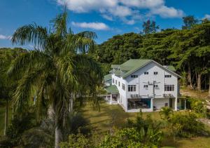 a palm tree in front of a white house at La Modestie Guest House in Grand'Anse Praslin