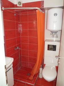 uma pequena casa de banho com chuveiro e WC em Hotel Dioni em Paralia Katerinis