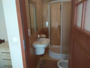 uma casa de banho com um WC, um lavatório e um chuveiro em Mazurska Knieja em Miłakowo