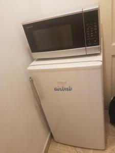 a microwave sitting on top of a refrigerator at CentralComfortBDPST in Budapest