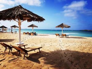 una playa con sillas y sombrillas y el océano en Apart-Hotel Ca Elsa en Sal Rei