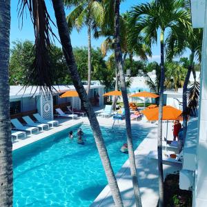 a swimming pool with palm trees and people in it at Sunset Inn in Islamorada