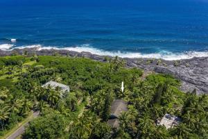 uma vista aérea de uma praia com árvores e do oceano em Ma'ukele Lodge em Pahoa