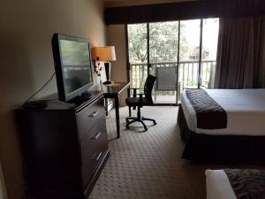 Habitación de hotel con cama y TV de pantalla plana. en Adobe Inn en Carmel