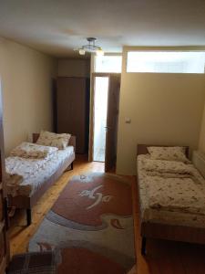 a room with two beds and a rug on the floor at Lary Hostel in Suceava
