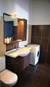 ein Badezimmer mit einem Waschbecken und einer Waschmaschine in der Unterkunft Havana 1 Sea and Pool Apartment in Ammoudara