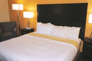 a hotel room with a large bed and a chair at La Quinta Inn by Wyndham Lincoln in Lincoln