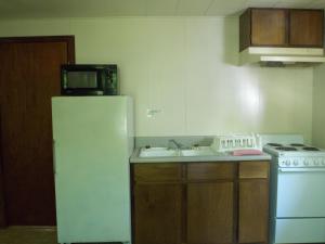 a kitchen with a white refrigerator and a sink at Clarketon Motel - Maggie Valley in Maggie Valley