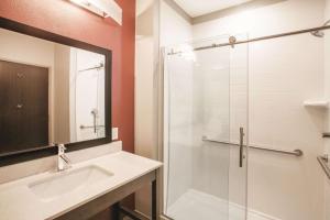 a bathroom with a shower, sink, and mirror at La Quinta by Wyndham San Marcos Outlet Mall in San Marcos