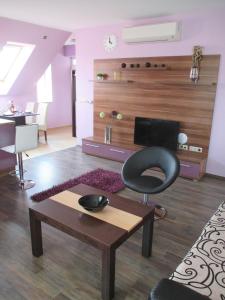 シャールヴァールにあるAlpha Apartman Sárvárのリビングルーム(テーブル、椅子付)