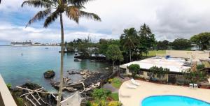 a view of the ocean from a resort at Hilo Reeds Bay Hotel in Hilo