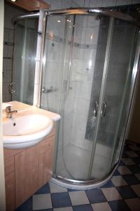 a bathroom with a shower and a sink at Stöckmann in Neuenkirchen