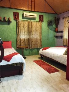 een slaapkamer met 2 bedden en groene muren bij Shanti Lodge in Bangkok