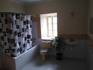 Un baño con inodoro, lavabo y cortina de ducha. en Secret Garden, en Cusco 35 fotos más