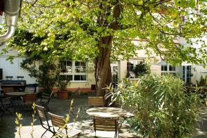 a patio with a table and chairs under a tree at Hotel Herberge zur Traube in Bad Wimpfen