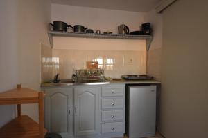 a kitchen with a counter and a sink and a shelf at Panos Studios in Masouri