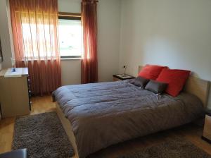 ein Schlafzimmer mit einem Bett mit roten Kissen und einem Fenster in der Unterkunft Cidade da Praia in Figueira da Foz