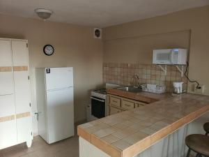 La cuisine est équipée d'un réfrigérateur blanc et d'un évier. dans l'établissement Cozy apartment near the beach #1, à Fajardo