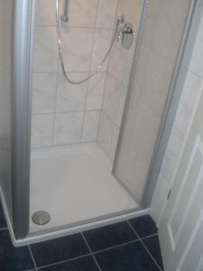 een douche met een glazen deur in de badkamer bij Gästehaus Neteler in Bad Zwischenahn