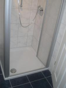 a shower with a glass door in a bathroom at Gästehaus Neteler in Bad Zwischenahn