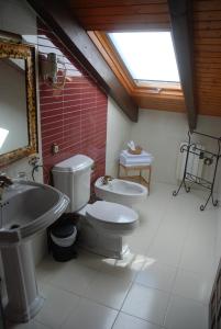 a bathroom with a toilet and a sink and a mirror at Lugar do Sixto in Cordido