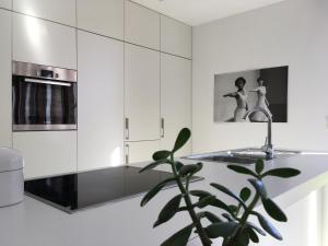 a kitchen with white cabinets and a potted plant at Het Zwaantje in Londerzeel