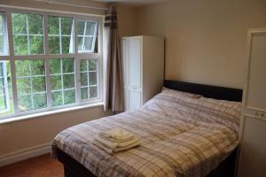 a bedroom with a bed and two windows at Chasewood Court in Hendon