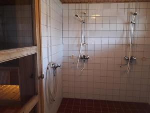 a bathroom with a shower and a tiled wall at Hamina Orange Apartments Loft in Hamina