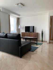 a living room with a black couch and a table at H Central Apartment in Hévíz