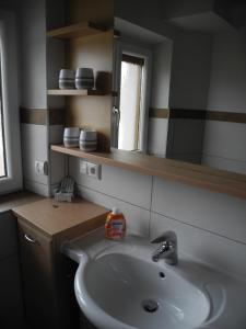 ein Bad mit einem Waschbecken und einem Spiegel in der Unterkunft Ferienwohnung Fill in Bad Häring