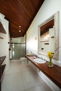 ein Bad mit einem Waschbecken, einem Spiegel und einer Dusche in der Unterkunft Fazenda São Francisco do Corumbau in Corumbau