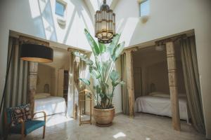 una camera con due letti e una pianta in vaso di Les Deux Tours a Marrakech
