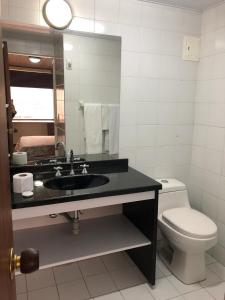 ein Badezimmer mit einem Waschbecken, einem WC und einem Spiegel in der Unterkunft Apartamentos Percales in Bogotá