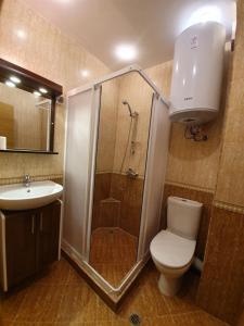 La salle de bains est pourvue d'une douche, de toilettes et d'un lavabo. dans l'établissement Apartments in Princess Residence, à Balchik