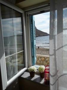 a window with three potted plants sitting on a ledge at Kalymnos Beach House in Kalymnos